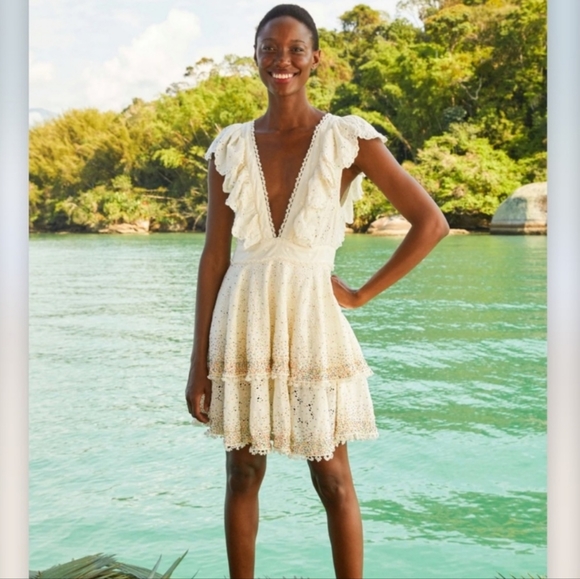 FARM Rio Dresses & Skirts - Farm Rio Beaded White Mini Dress Eyelet Patch Deep V-Neck Women's Medium NEW